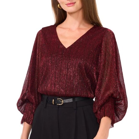 Vince Camuto Tops - Vince Camuto Women's Metallic V-Neck Sheer-Sleeve Top, Wine Color Holiday